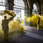 People in yellow boilersuits let off yellow smoke bombs.