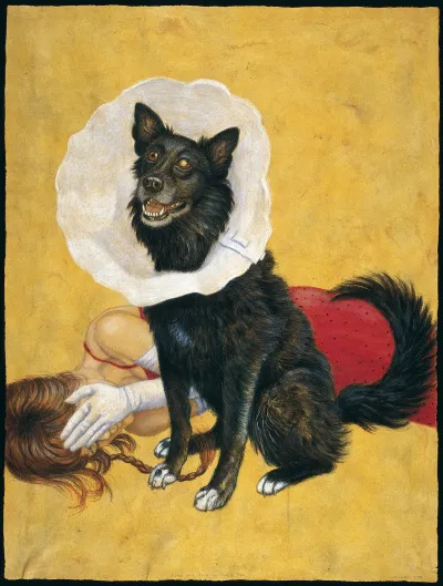 A painting of a woman lying down with one gloved hand to her face and a smiling dog wearing a cone in front of her.