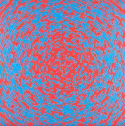 An abstract painting composed of neon blue lines that are arranged in a circular patter atop a bright red background.