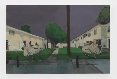 A painting showing six Black ballerinas dancing in an apartment complex