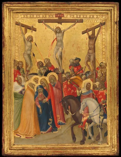 A golden painting showing three crucified men above a crowd.