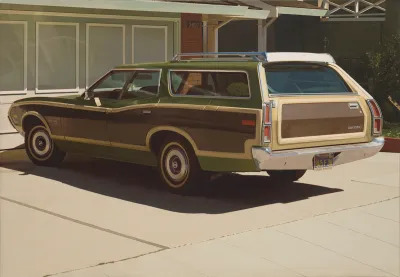 A photorealistic painting of a car parked in a driveway.