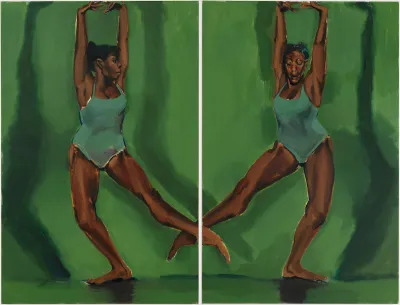 Two paintings of a Black dancer in a teal body suit picking up one leg before a green wall.