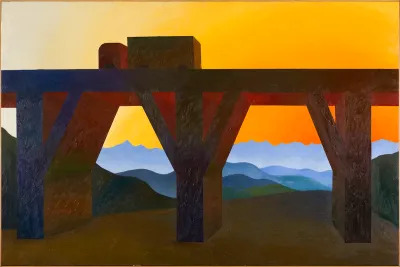 A painting of a truck going over an overpass amid an orange sky.