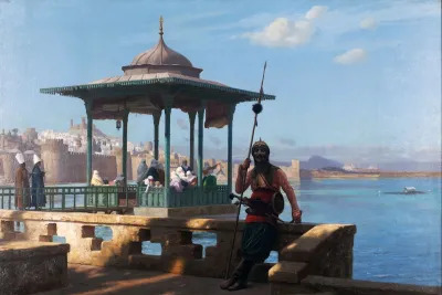 A painting holding a spear beside a kiosk under which stand many veiled figures. The kiosk is sited beside a wide ocean.