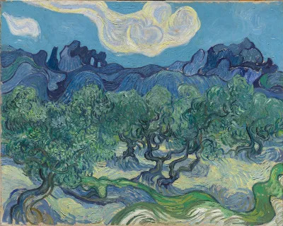 A painting of olive trees whose branches and leaves appear to swirl along with the mountains behind them and the clouds above.