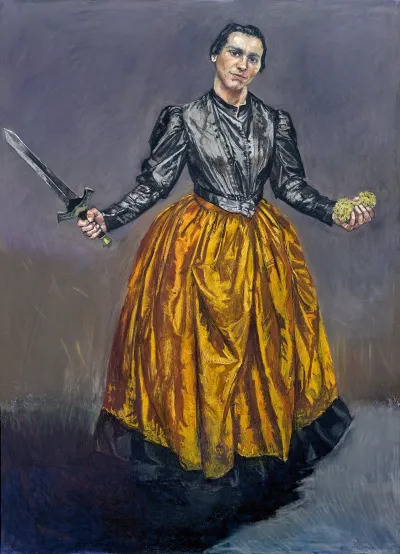 A painting of a woman in a mustard-colored skirt who holds a sword in one hand and sponge in the other.