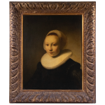 A portrait of a teenage girl dressed in austere black attire and housed in a Dutch gilt wood frame in the style of Rembrandt.