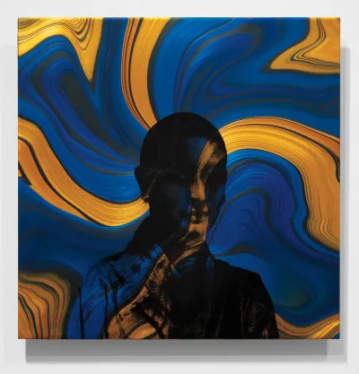 A painting showing a blue and yellow swirl over a photograph of a young Joan Quinn. 