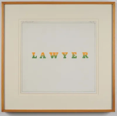 A print that reads LAWYER with the letters in a gradient of yellow-orange to green. 