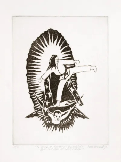 A print showing the Virgen de Guadalupe as a karate fighter in midkick. 