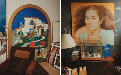 Composite image showing an arched doorway with a collaged artwork of a home at left; and a painted portrait of Joan Quinn hanging on the wall behind a vitrine of ceramics. 