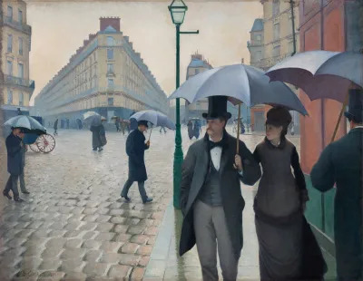 A painting of people walking down a brick street with umbrellas.