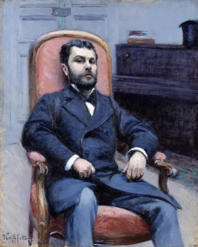 A painting of a white man in a suit sitting in a pink chair.