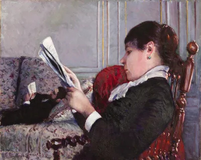 A painting of a white woman leaned back in a chair and reading a newspaper. In the background, a white man can be seen reading a book on a purple couch.