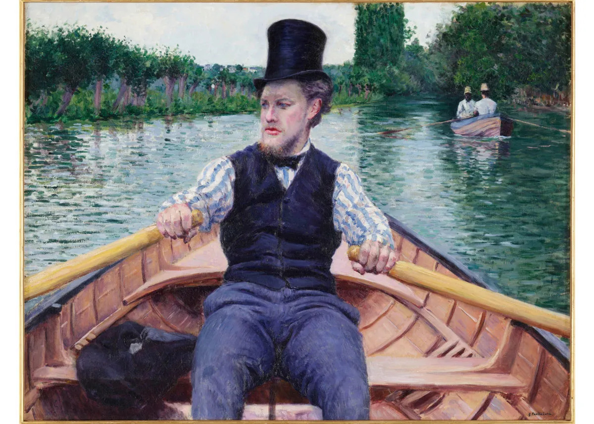 A painting of a white man in a top hat rowing a boat down a river.