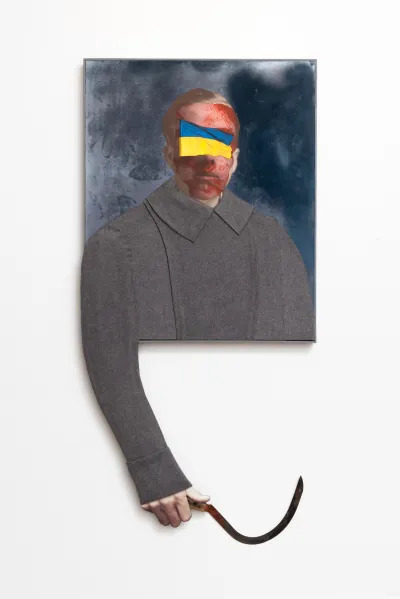 image of a man with blood on his fact holding a sickle. there is a ukrainian flag over his eyes.