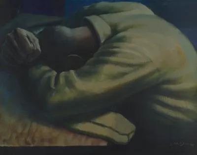 A painting of a Black man with his head on a table and his hands over his head.