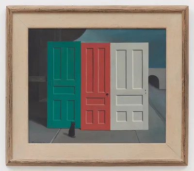 A painting of a green door, a red door, and a white door lined up beside each other, with a black cat in front of one. A bridge can be seen in the background.