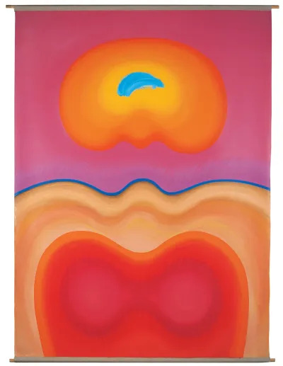 An abstract painting of a red, wavy form outlined in beige with a sun-like form above it set against a pink background.