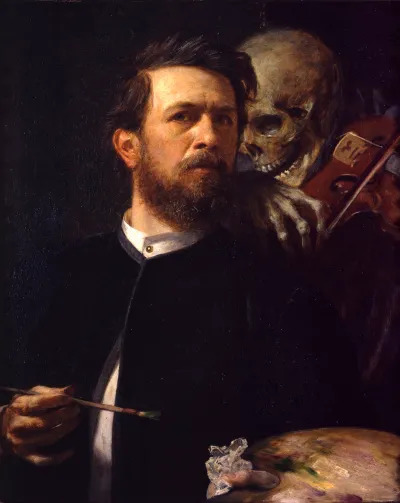 A painting of a white man holding a brush and palette while a skeleton plays a violin behind him.