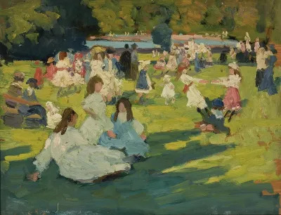 A brushy painting of people lounging in a park.