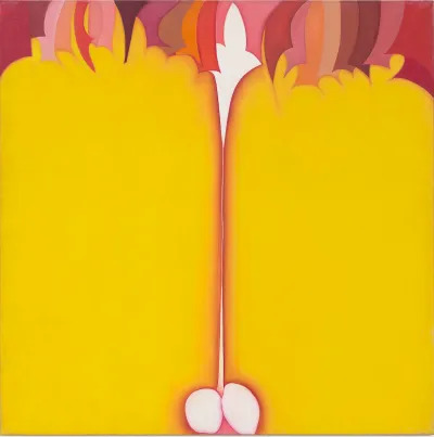 An abstract canvas showing two testicle-like red forms hanging down between towering yellow elements.