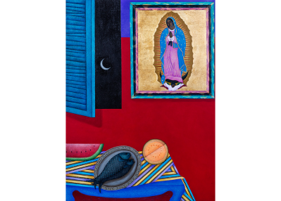 A painting showing a variously hued table with a slice of watermelon and fish before a window left open to reveal a crescent moon. A painting of the Virgin Mary hangs on the wall.