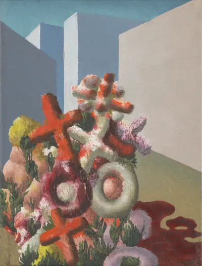 A painting of crosses and wreathes in a pile in a vacant landscape dominated by tall buildings.