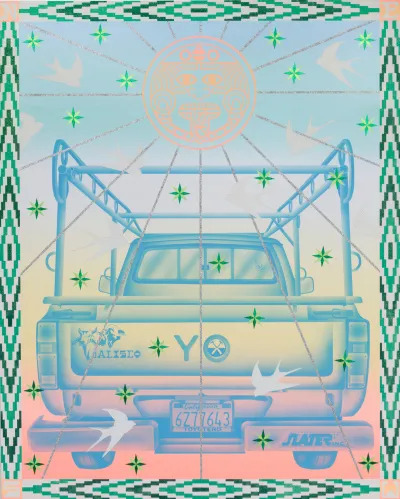 A painting showing the back of a Toyota truck with just the YO and a Jalisco bumper stick. Doves fly around it. 