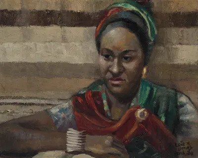 A painting of a Black woman wearing a red and green turban.