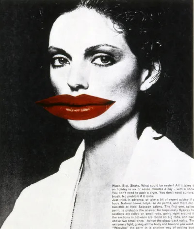 A collaged image of a white woman in black and white with a pair of red lips pasted onto it.