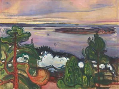 A painting of a seascape seen from a mountain with trees and a train going by below.