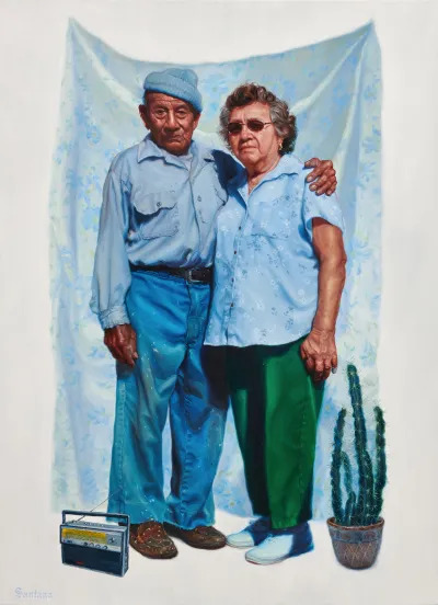 A photorealist painting of two Mexican grandparents standing in front of a bedsheet. 