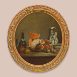 An oval still life painting showing fruit.