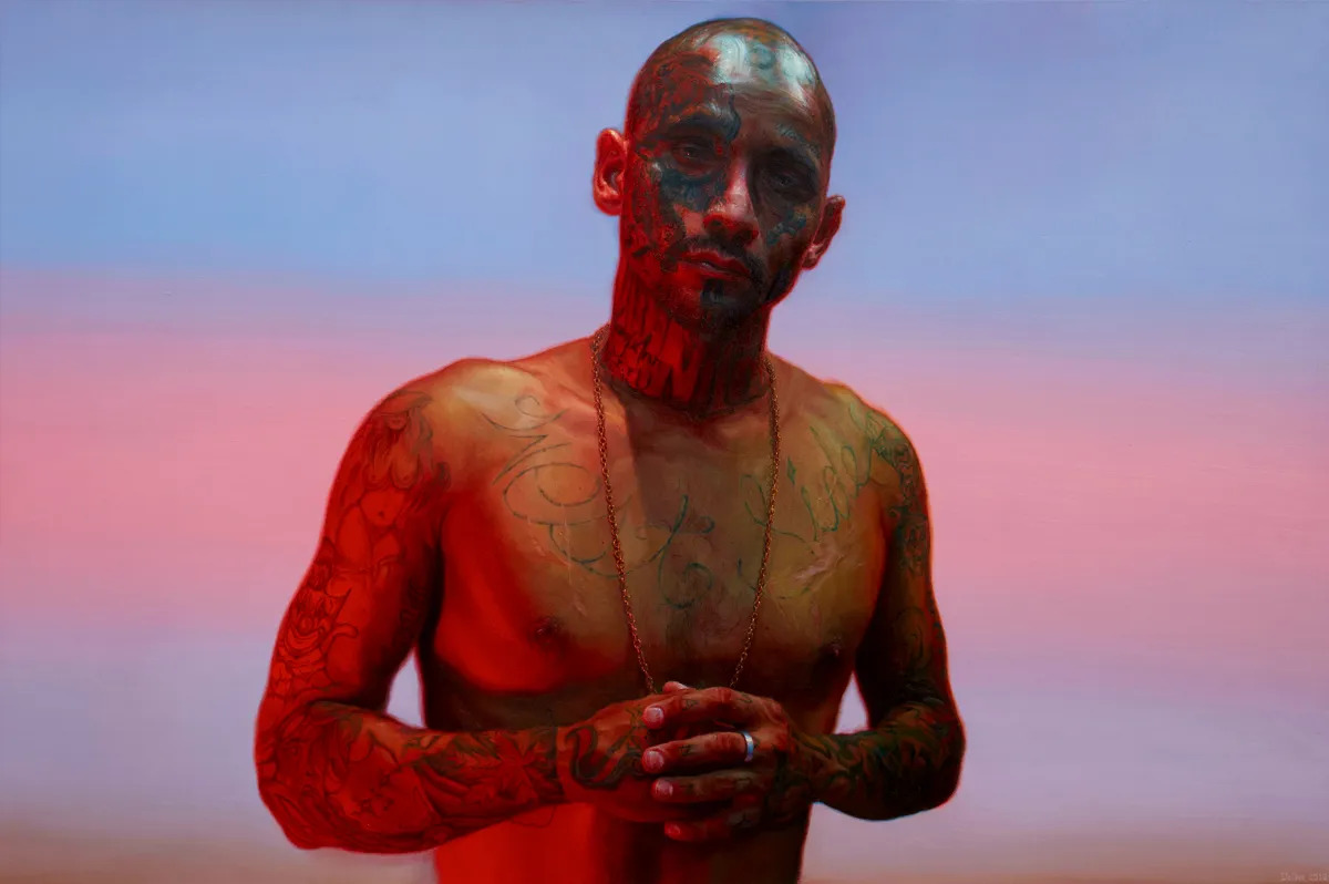 A photorealist painting of a Brown man with several tattoos including on his face. He is seen shirtless from the torso up.