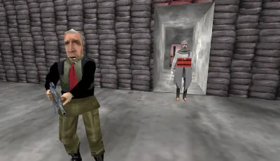 A digital rendering of George W. Bush with a gun. A man resembling a knight is shown in a doorway behind him.