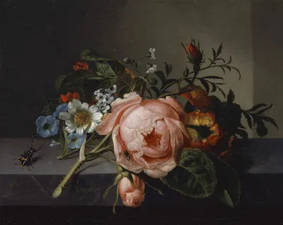 A painting of a bouquet of flowers, including one large rose with beads of water on it, on a table with a beetle beside it.