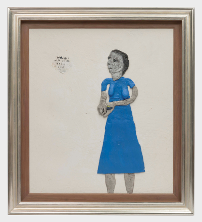 A painting of a woman in a blue dress holding a bird in her hands.