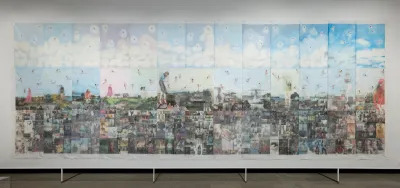 A large-scale mural composed of various collaged bedsheets. 