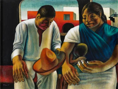 A painting of a man holding a sombrero and a woman holding her baby in her lap.