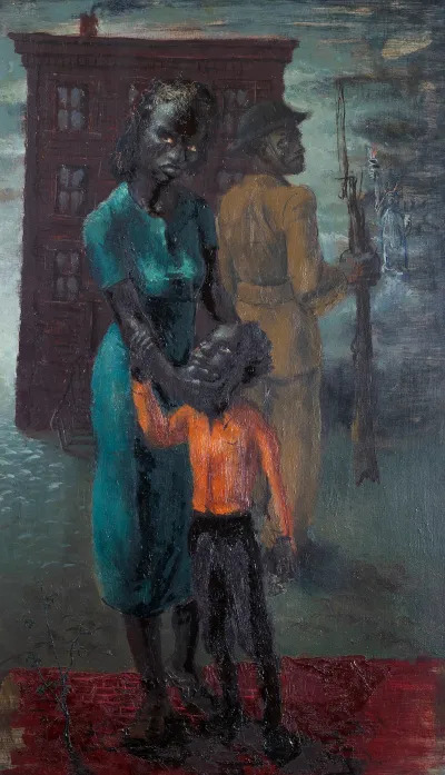 A painting of a Black soldier turning his back on a Black woman and their child. He holds a bayonet and stands in front of a tenement building. In front of him is the Statue of Liberty.