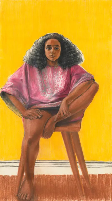 A painting of a young Black woman seated on a chair with one leg raised. She is posed against a bright yellow wall.