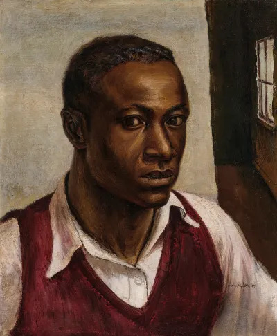 A painting of a Black man in a maroon vest.