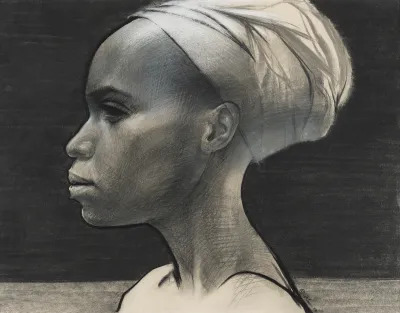 A drawing of a Black woman wearing a turban.