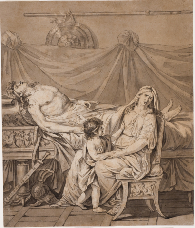 A drawing of a crying woman and child seated next to a dead man.