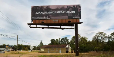 A billboard with text reading 