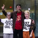 (left to right) Just Stop Oil activists Mary Somerville, Stephen Simpson and Phillipa Green leaving Westminster Magistrates