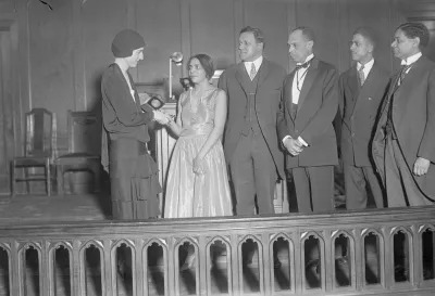 Miss Harmon, daughter of the founder, congratulating winners of the William E. Harmon Foundation Award for Distinguished Achievement among Negroes, at the Zion church, 1928. Collecting awards are (left to right) Nella Larsen imes, Channing H. Tobias, James Weldon Johnson (collecting the award on behalf of Claude McKay), unknown. At far right is Dr. George Haynes, secretary of committee on race relations. 