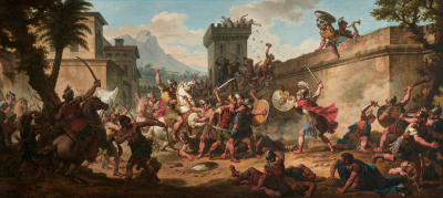 A long painting of a battle in ancient Rome.